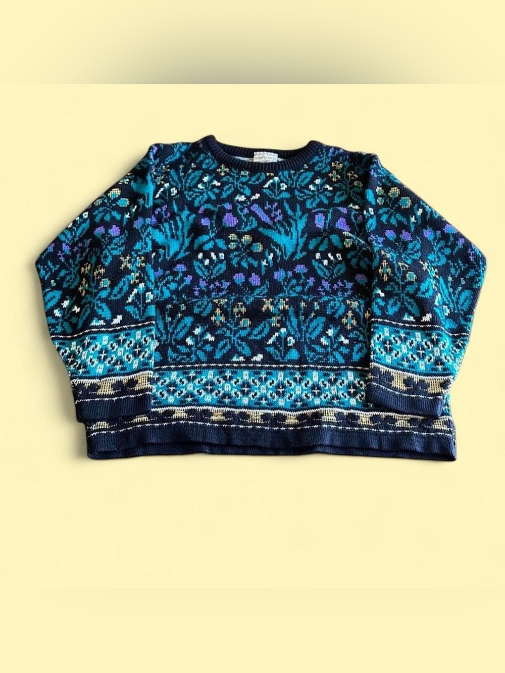 Vintage Renaissance Sweater Black Teal Floral Knit Women’s L USA
